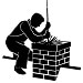 black and white icon of man on a roof with a chimney brush in his hand extending down the masonry chimney cleaning the chimney