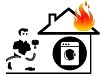 Chimney Technician running into burning house to clean a dryer vent, dryer technician has dryer vent cleaning tools in his hands, icon is black and white but burning flames are colour