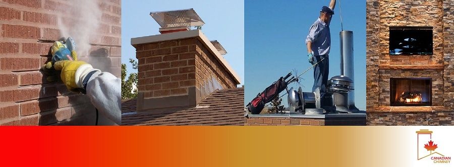 Canadian Chimney Services Banner, brick layer grinding out chimney mortar joint, code compliant masonry chimney cap, chimney technician chimney sweep cleaning chimney flue, fireplace burning with natural stone renovation, canadian chimney logo.