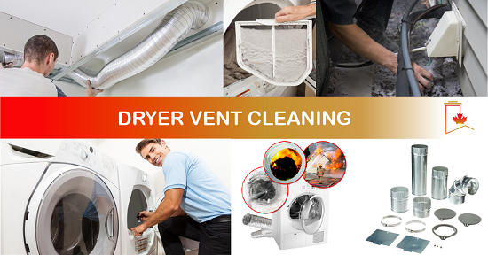Clothes dryer services banner, has several images illustrating Canadian Chimney Dryer Services, dryer vent cleaning, ducting installation, dryer maintenance and an image of a house fire that resulted from a dryer lint fire
