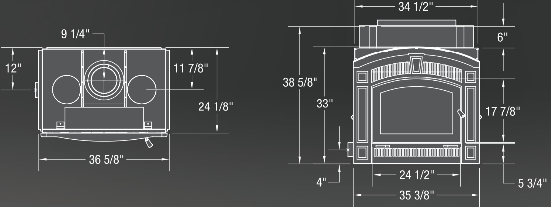 Pearl fireplace size measurement specifications, two images, top view and front view drawing with measurements